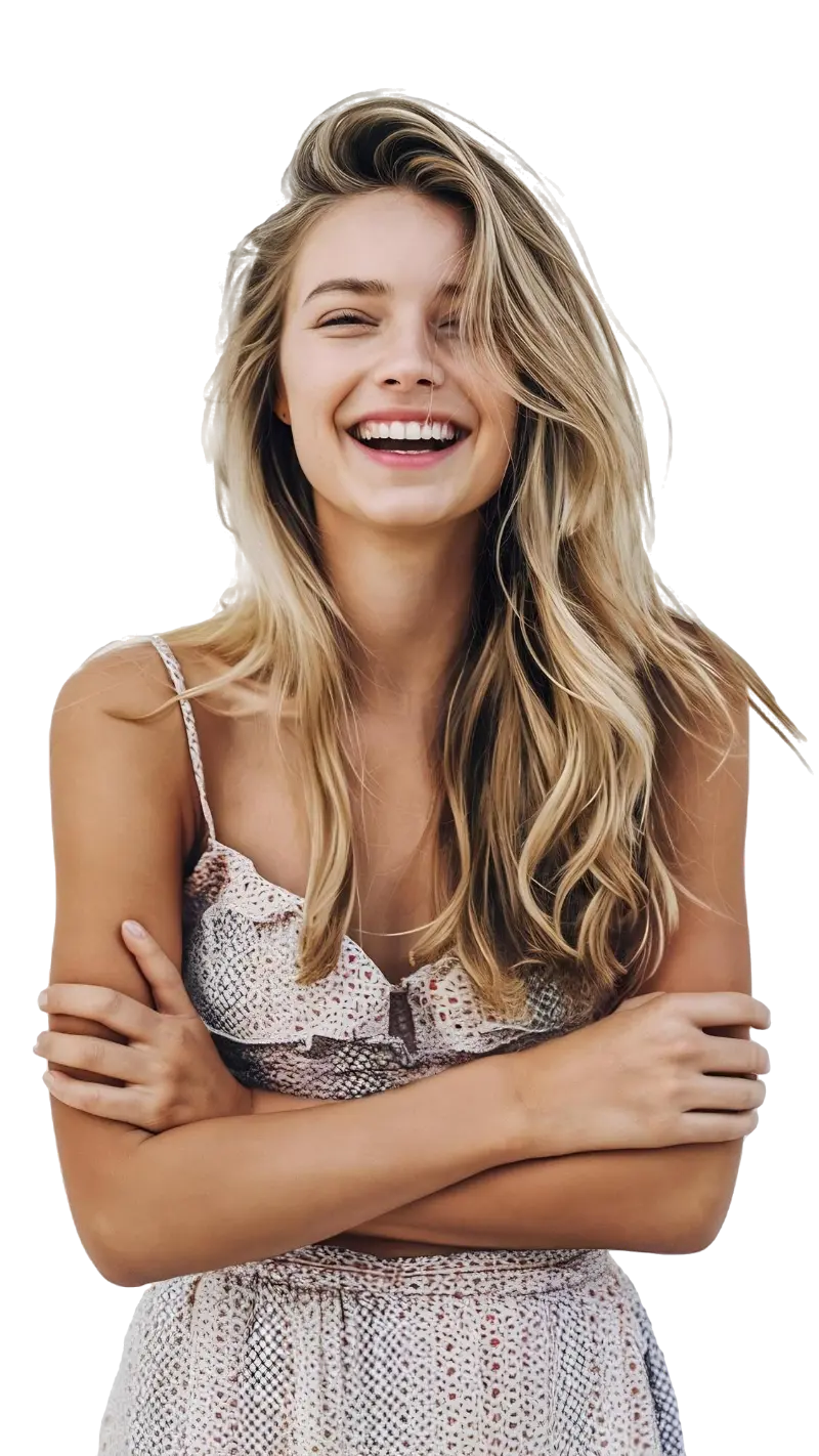 Beautiful blond girl with long healthy hair laughing smiling camera standing summer cloth